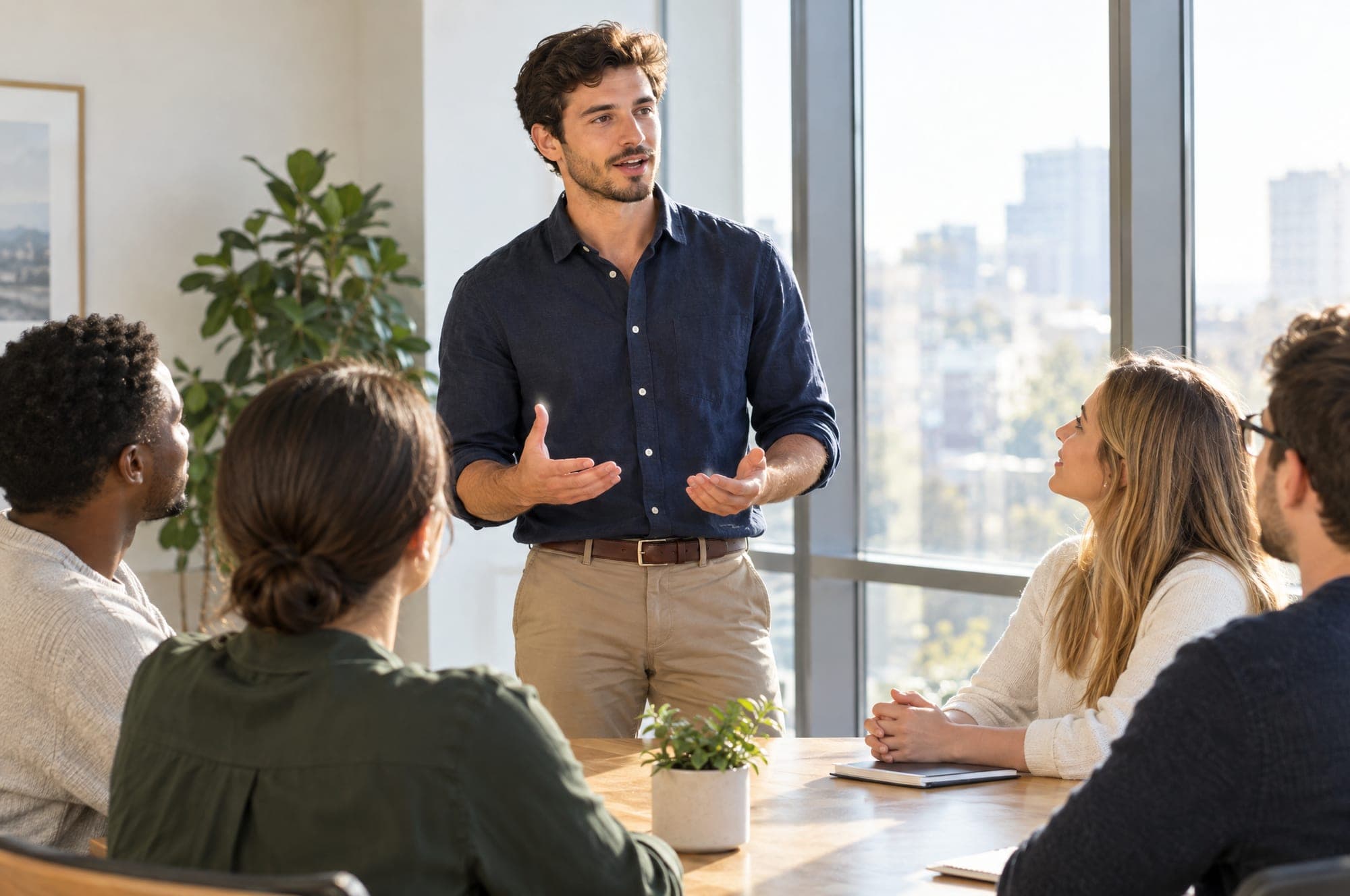 A young leader addressing a small team in a bright meeting room