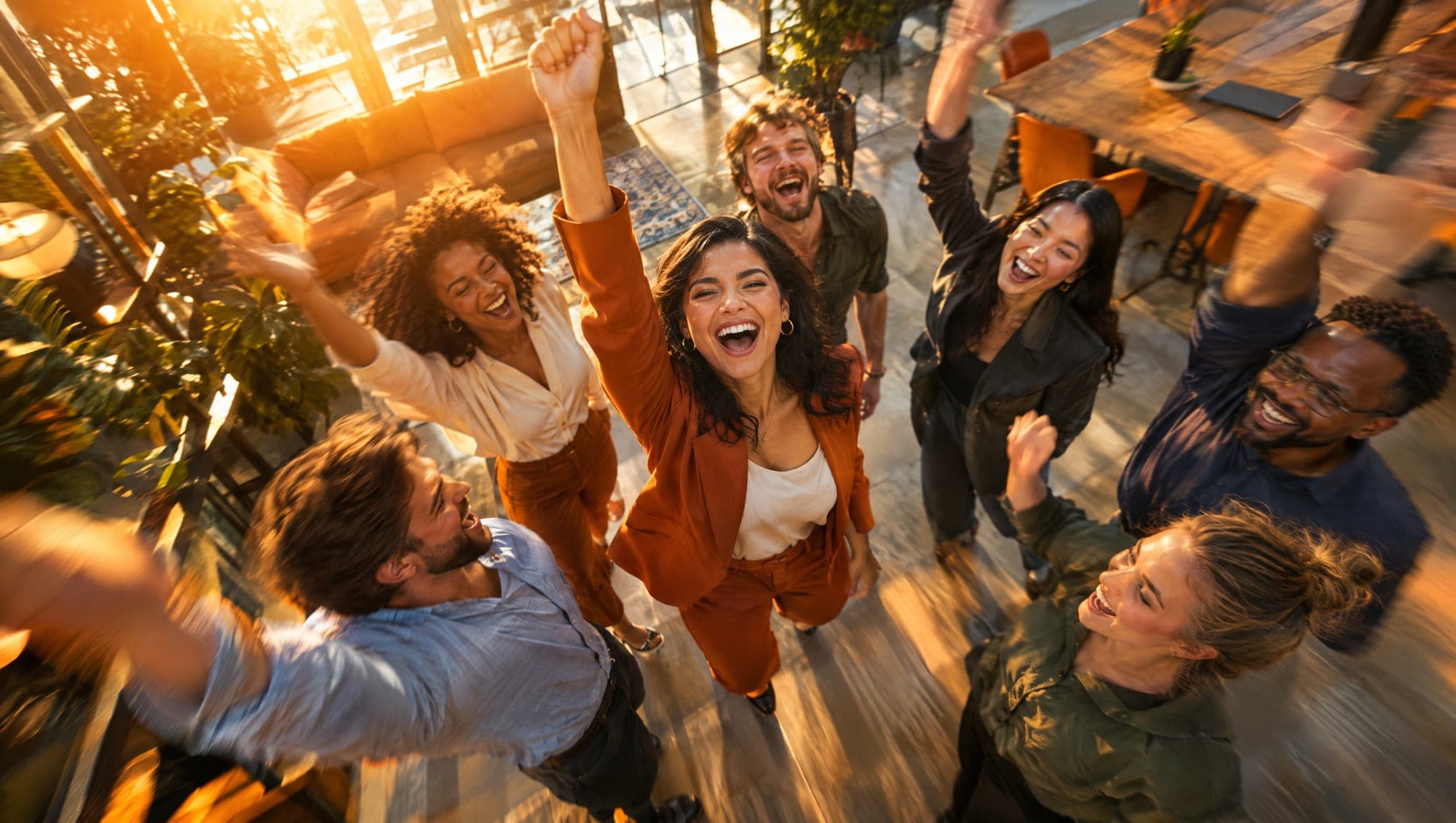 A team of young women and men celebrating together, seen from above